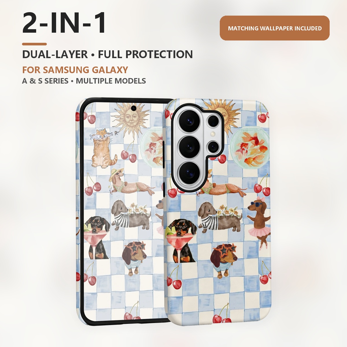 Samsung Galaxy S24 - 「Funny Dogs」の夏用2層構造のスマートフォンケース。対応機種：Samsung Galaxy S26、S25、S24、S23、S22、S21 Plus、Ultra、FE、S20 FE、A56、A17、A16、A15。