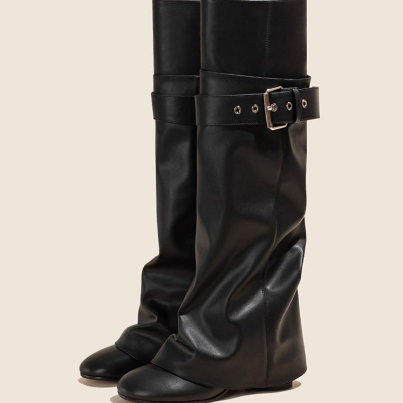 Leather Classic Strap - 女性のニーハイブーツファッションベルトバックルデザイナーパンツチューブブーツ女性ハイチューブナイトブーツ 7 センチメートルハイヒールストレートブーツ
