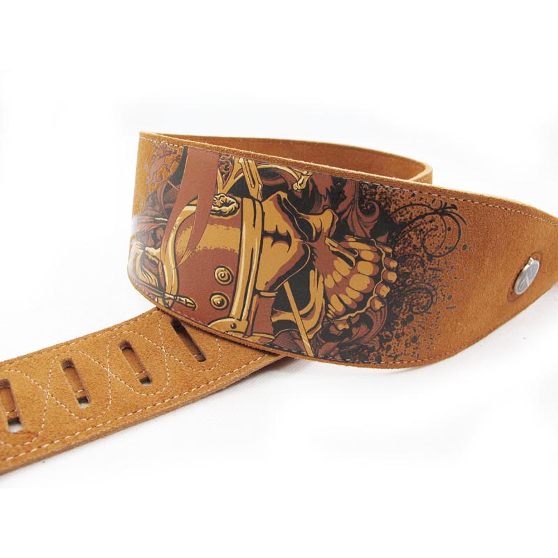 Leather Classic Strap - YuekoプレミアムダブルレイヤーレザーF-P203ソフトテクスチャスカルパターン長さ調節可能なクラシックアコースティックギターストラップアクセサリー
